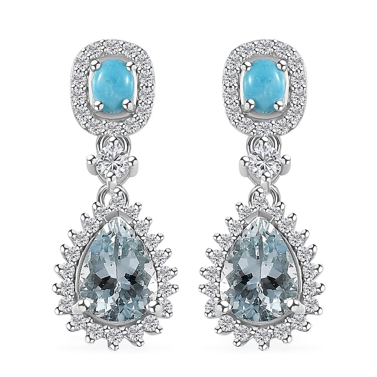 Premium Mangoro Aquamarine and Multi Gemstone Dangling Earrings in Platinum Over Sterling Silver 3.10 ctw
