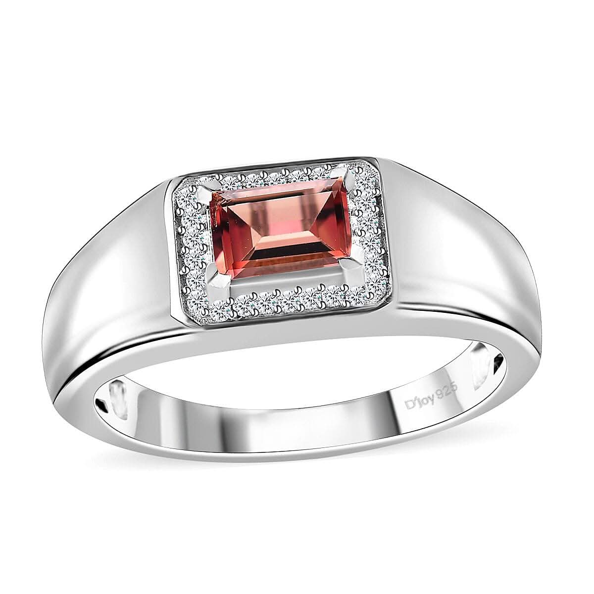 Blush Tourmaline and Moissanite Men's Ring in Platinum Over Sterling Silver (Size 10.0) 1.10 ctw