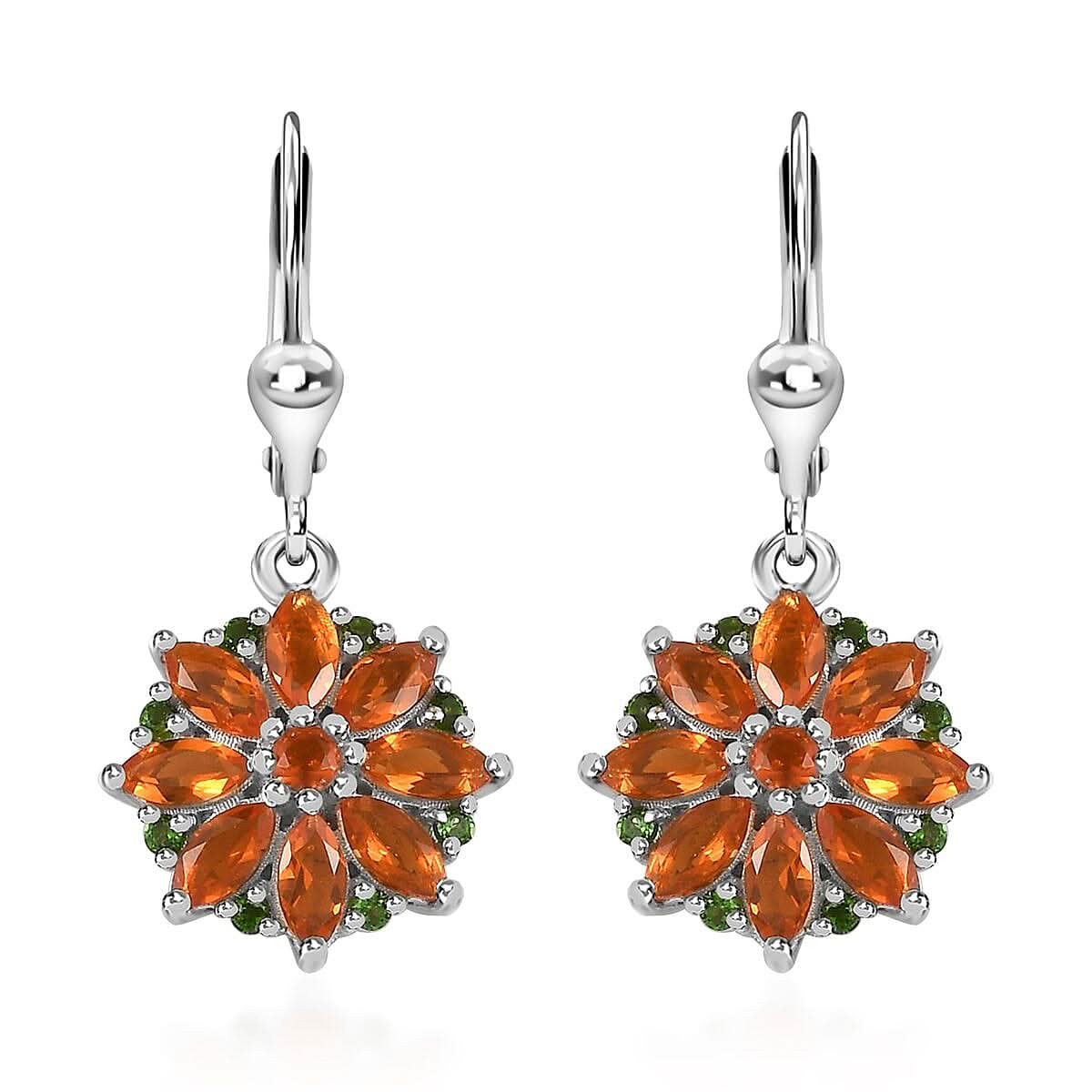 Crimson Fire Opal and Chrome Diopside Lever Back Earrings in Platinum Over Sterling Silver 2.00 ctw