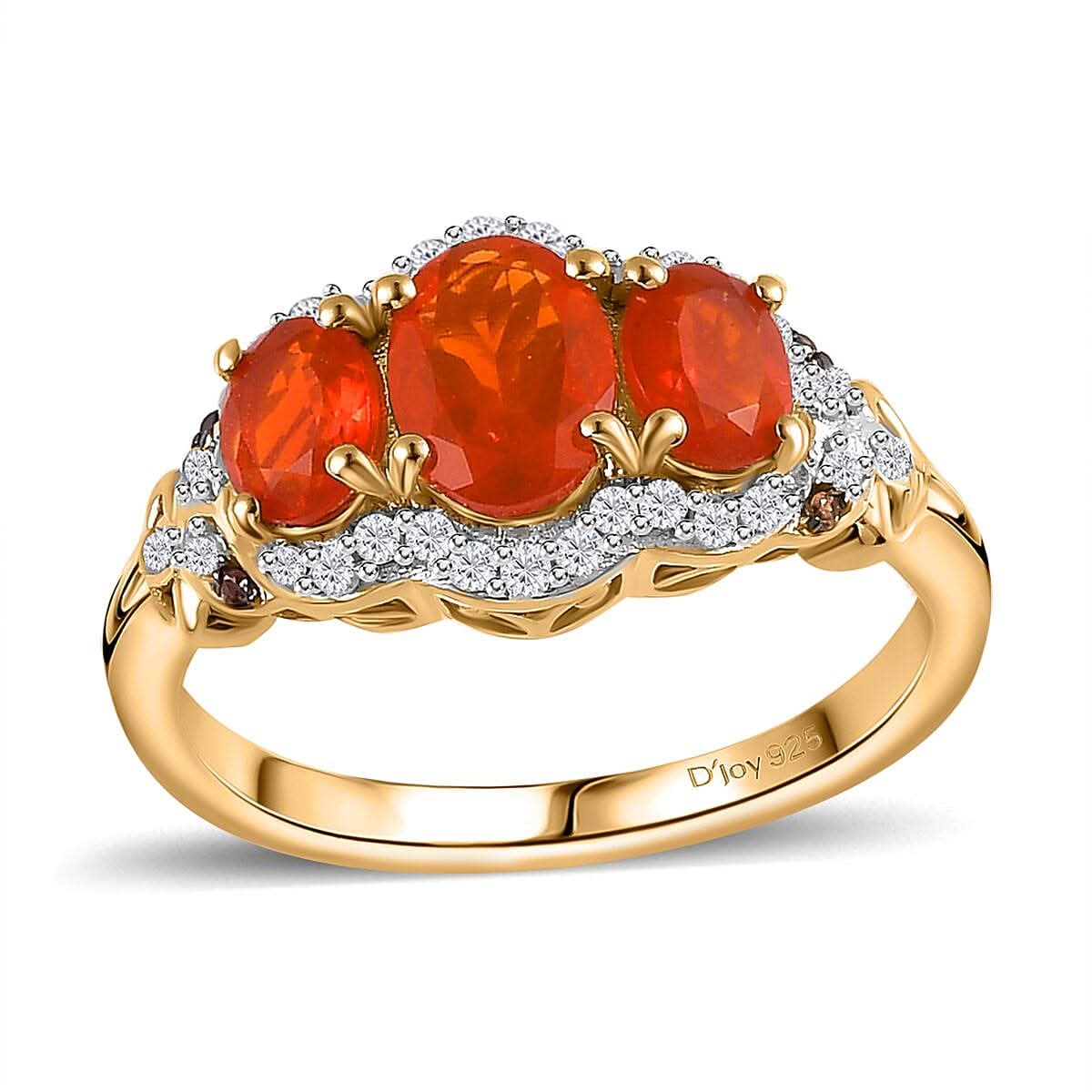 AAA Crimson Fire Opal, Brown and White Zircon Ring in Vermeil YG Over Sterling Silver (Size 10.0) 1.35 ctw