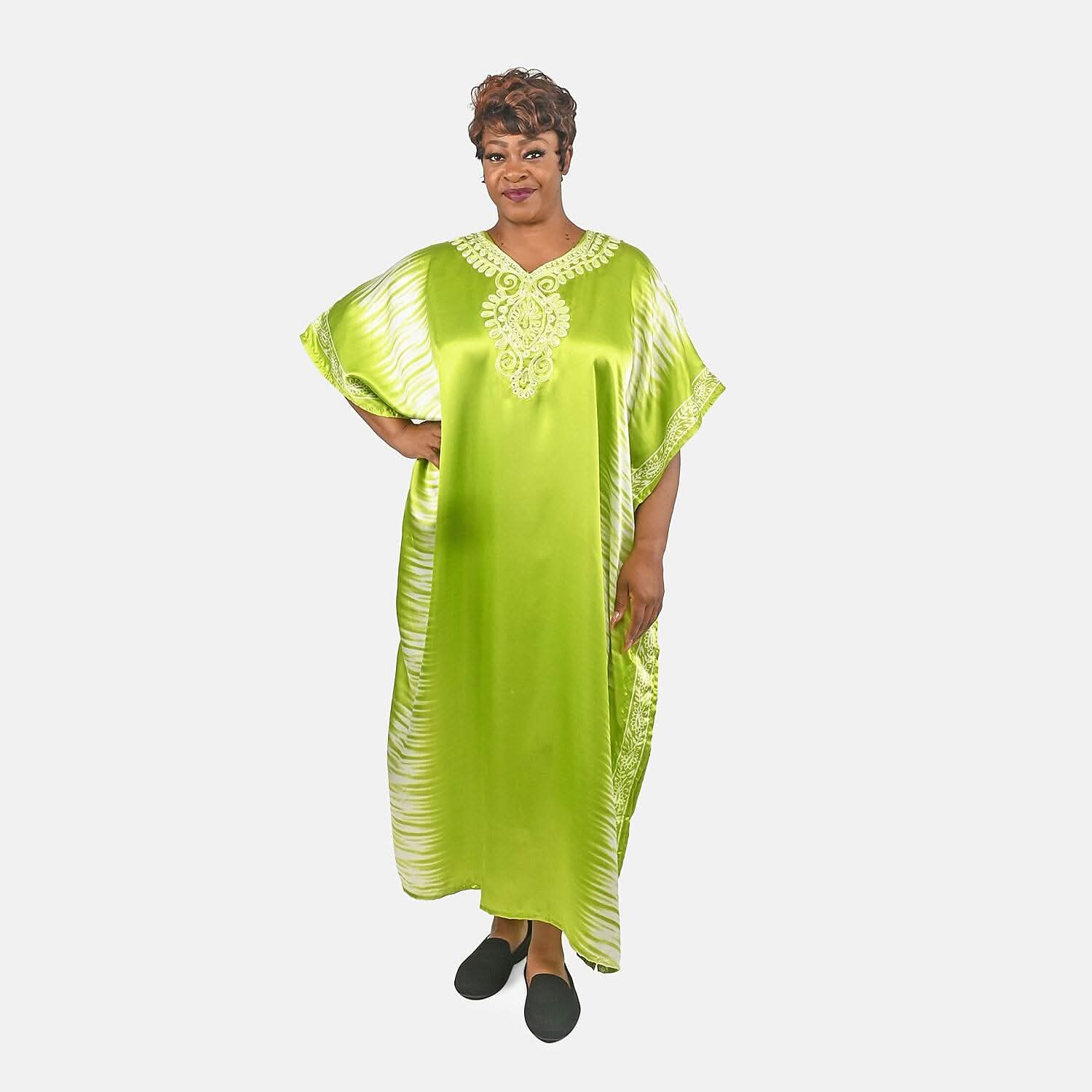 TLV Winlar Citrine Color Embroidered Long Satin Kaftan - One Size Fits Most