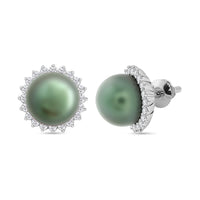 Certified & Appraised Iliana 18K White Gold AAA Tahitian Pearl 8-8.50mm and SI Diamond Earrings 0.32 ctw