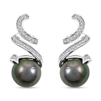 Certified & Appraised Iliana 18K White Gold AAA Tahitian Pearl 9.5-10mm and SI Diamond Earrings 0.21 ctw