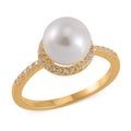 White Shell Pearl, Simulated Diamond Halo Ring in 14K YG Over Sterling Silver (Size 10.0) 0.35 ctw - Sticky add to cart bar