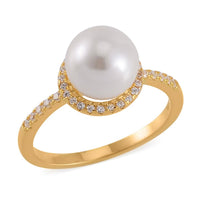 White Shell Pearl, Simulated Diamond Halo Ring in 14K YG Over Sterling Silver (Size 10.0) 0.35 ctw