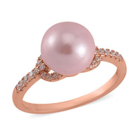 Pink Shell Pearl, Simulated Diamond Ring in 14K RG Over Sterling Silver (Size 10.0) 0.20 ctw