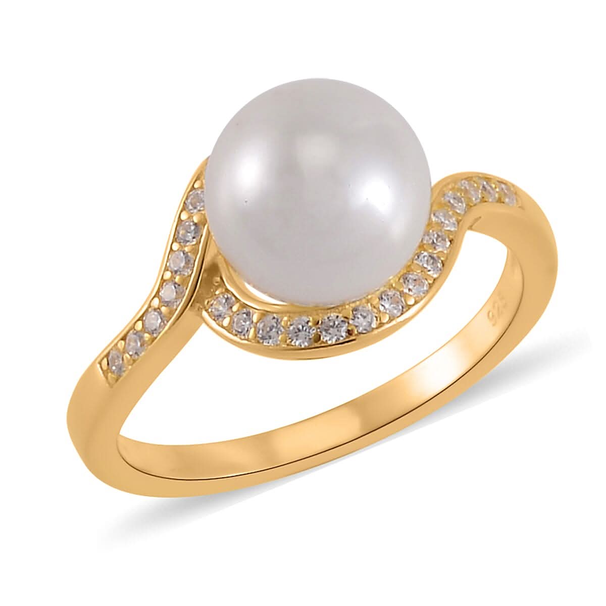 White Shell Pearl, Simulated Diamond Ring in 14K YG Over Sterling Silver (Size 10.0) 0.15 ctw