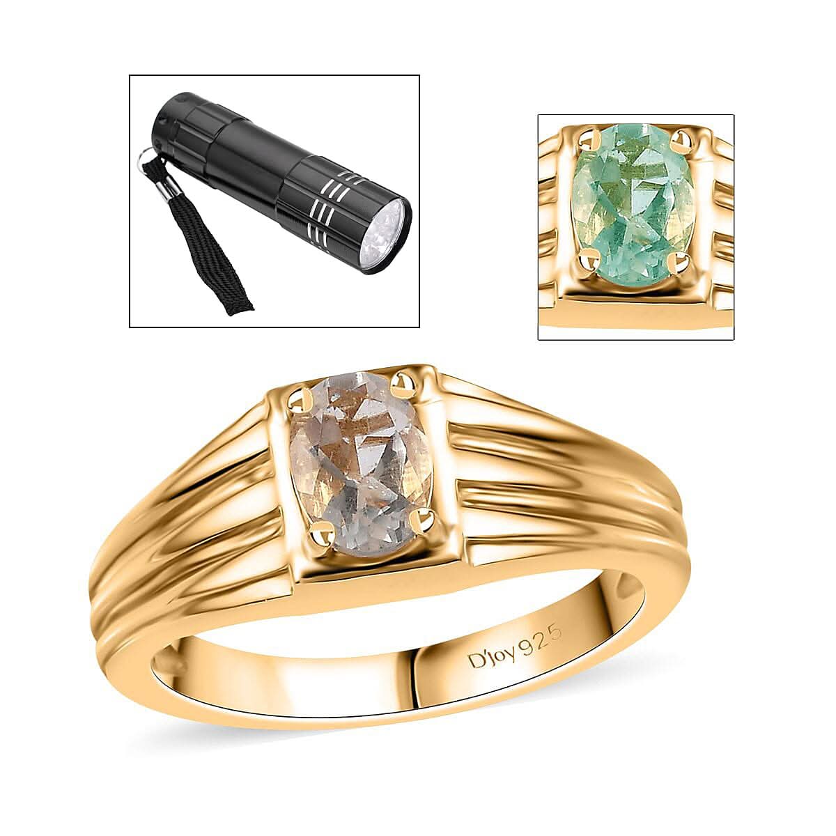 Mexican Hyalite Opal Solitaire Men's Ring in Vermeil Yellow Gold Over Sterling Silver (Size 9.0) with Free UV Flash Light 0.60 ctw