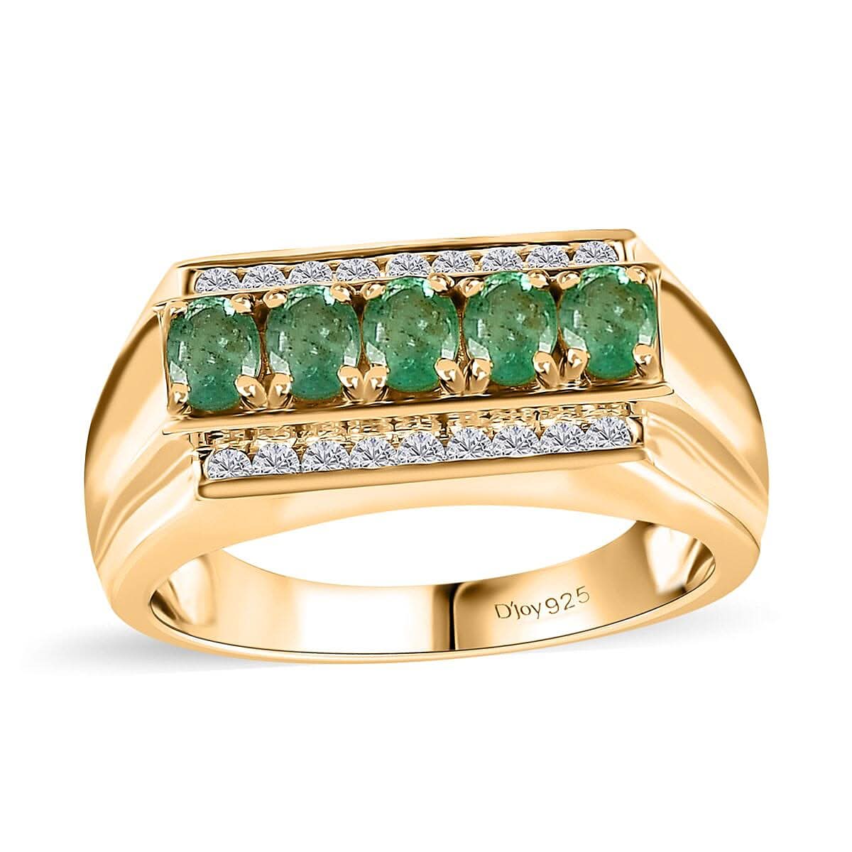 Kagem Zambian Emerald, White Zircon Men's Ring in Vermeil YG Over Sterling Silver (Size 10.0) 1.25 ctw
