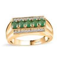 Kagem Zambian Emerald, White Zircon Men's Ring in Vermeil YG Over Sterling Silver (Size 10.0) 1.25 ctw