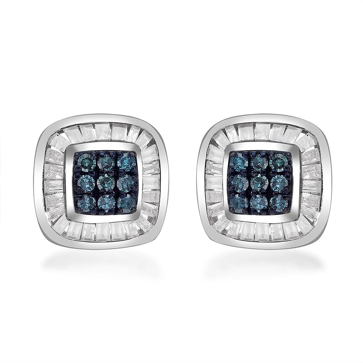 Venice Blue Diamond I1-I2 and White Diamond Stud Earrings in Platinum Over Sterling Silver 0.33 ctw
