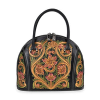 Grand Pelle Black with Multicolor Hand Engraving Flower Genuine Leather Hand Bag (10.8"x9"x4.7") with Handle Drop 6.3"