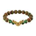 Feng Shui Unakite Beaded Pixiu Stretch Bracelet in Goldtone 81.00 ctw - Sticky add to cart bar