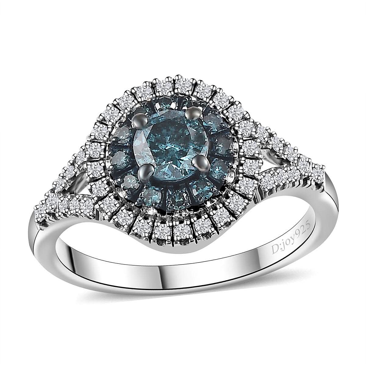 Venice Blue Diamond 12-I3 and White Diamond Ring in Platinum Over Sterling Silver (Size 10.0) 1.00 ctw