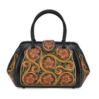 Grand Pelle Black with Multi Color Hand Engraving Flower Pattern Genuine Leather Crossbody Bag (14.2"x9"x7") with Handle Drop