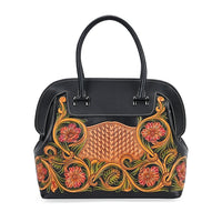 Grand Pelle Black with Multi Color Hand Engraving Flower Pattern Genuine Leather Crossbody Bag (11"x9.8"x5.9") with Handle Drop