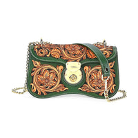 Grand Pelle Black with Solid Color Hand Engraving Flower Pattern Genuine Leather Crossbody Bag (9"x5.1"x2.75") with Shoulder Strap