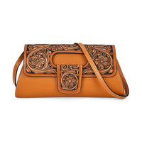 Grand Pelle Black with Solid Color Hand Engraving Flower Pattern Genuine Leather Crossbody Bag (11.7"x5.9"x2.75") with Shoulder Strap