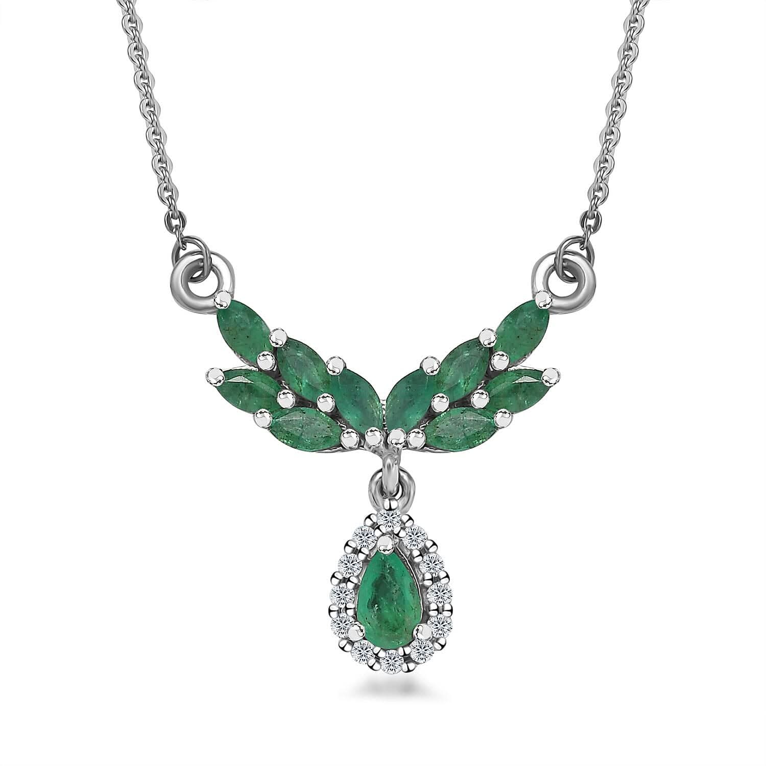 Kagem Zambian Emerald and White Zircon Drop Necklace 18-20 Inches in Platinum Over Sterling Silver 1.10 ctw