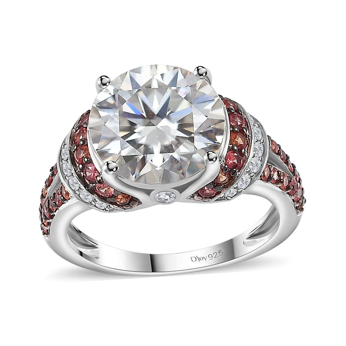 TLV Moissanite (Rnd 10 mm), Red Sapphire Ring in Platinum Over Sterling Silver (Size 10.0) 4.30 ctw