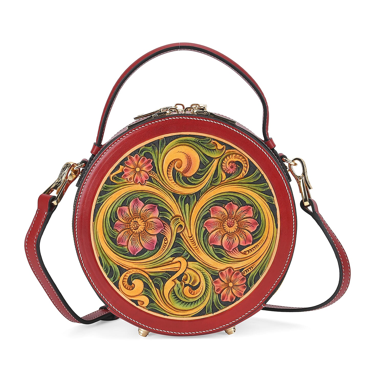 Grand Pelle Hand Engraving Circluar Genuine Leather Crossbody Bag
