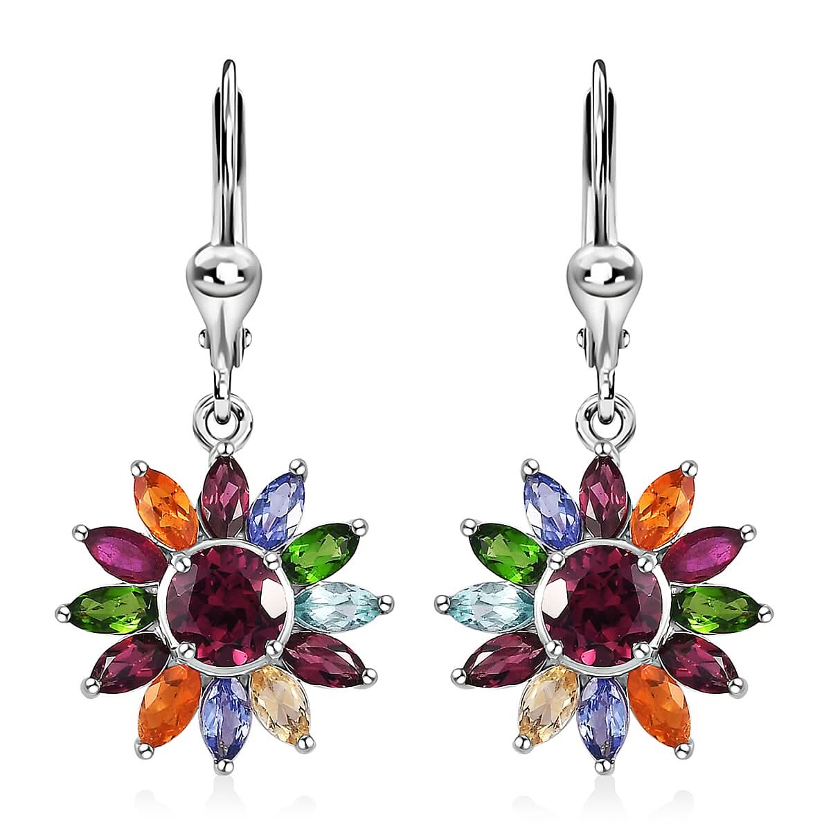 TLV Orissa Rhodolite Garnet, Multi Gemstone Floral Lever Back Earrings in Platinum Over Sterling Silver 6.00 ctw