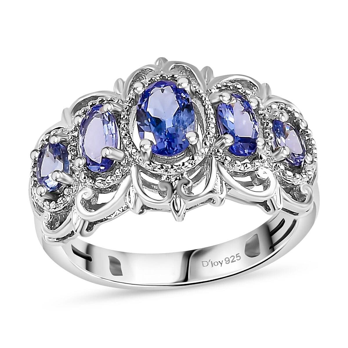 Tanzanite 5 Stone Ring in Platinum Over Sterling Silver (Size 10.0) 1.20 ctw