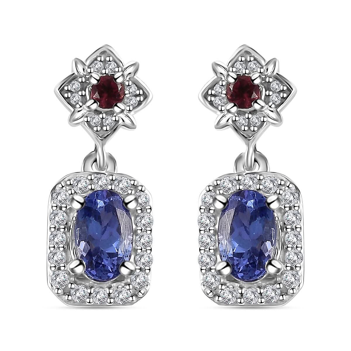 AAA Tanzanite and Multi Gemstone Dangle Earrings in Platinum Over Sterling Silver 1.35 ctw