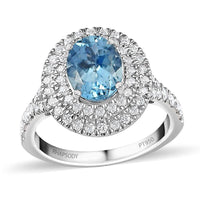 Rhapsody 950 Platinum AAAA Santa Maria Aquamarine and E-F VS Diamond Double Halo Ring (Size 5.5) 5.85 Grams 2.20 ctw