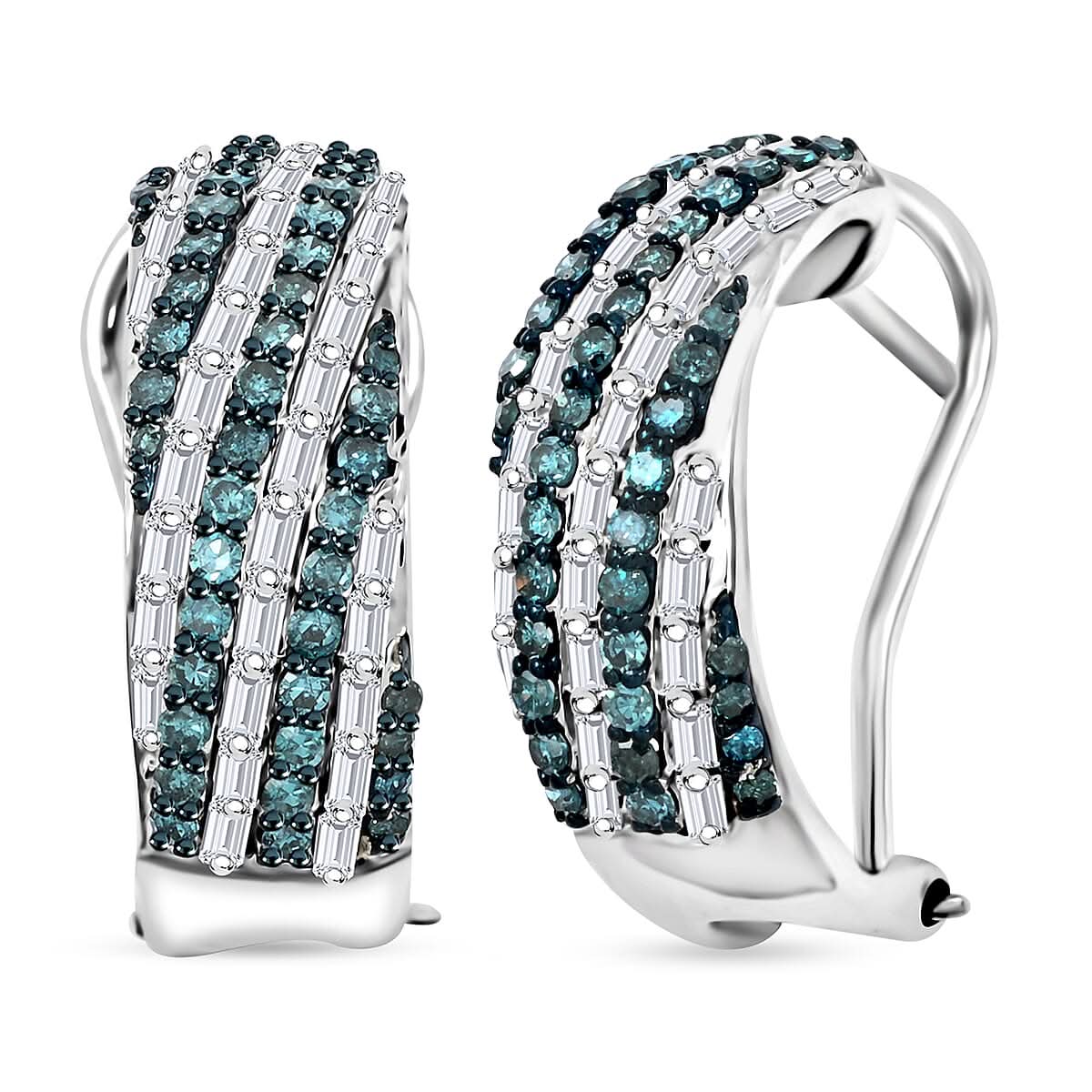 Venice Blue Diamond I1-I2 and White Diamond Earrings in Platinum Over Sterling Silver 1.00 ctw