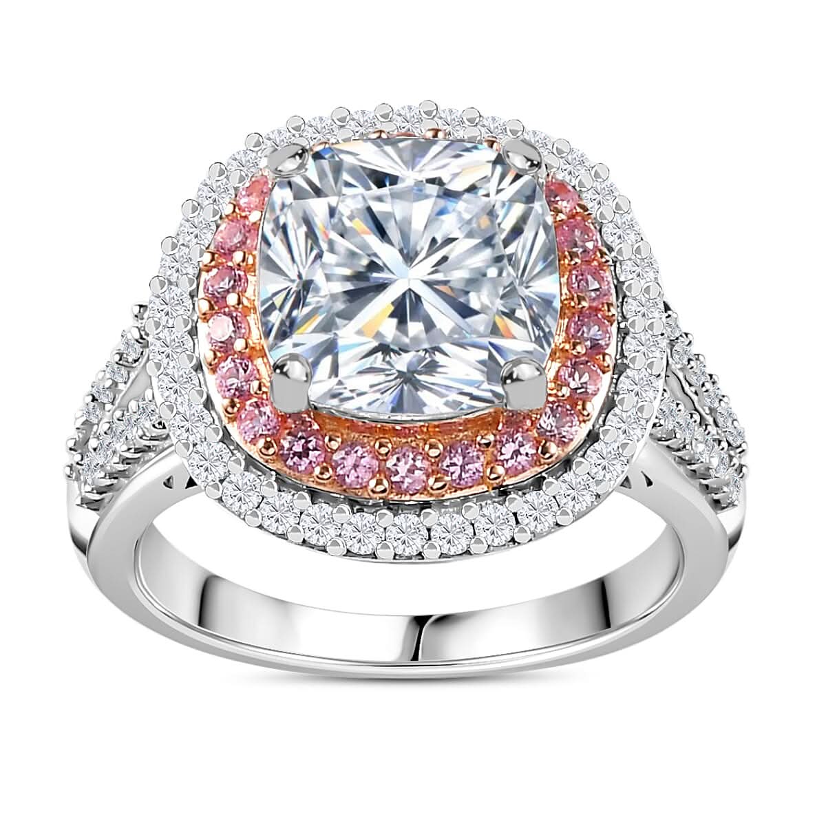 oissanite and Madagascar Pink Sapphire Double Halo Ring in Platinum Over Sterling Silver 4.50 ctw