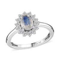 Rainbow Moonstone, White Zircon Ring in Platinum Over Sterling Silver (Size 5.0) 1.15 ctw