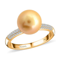 Certified & Appraised Iliana 18K Yellow Gold AAA South Sea Golden Pearl and G-H SI Diamond Ring (Size 10.0) 0.19 ctw