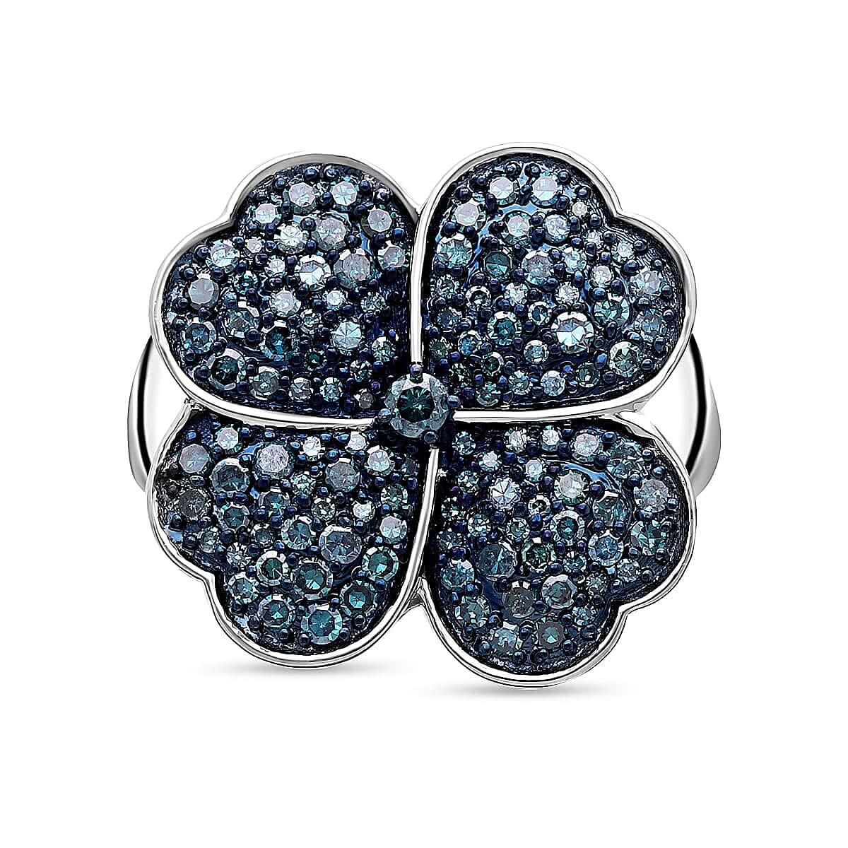 Blue Diamond (IR) Leaf Clover Ring in Platinum Over Sterling Silver (Size 10.0) 1.00 ctw