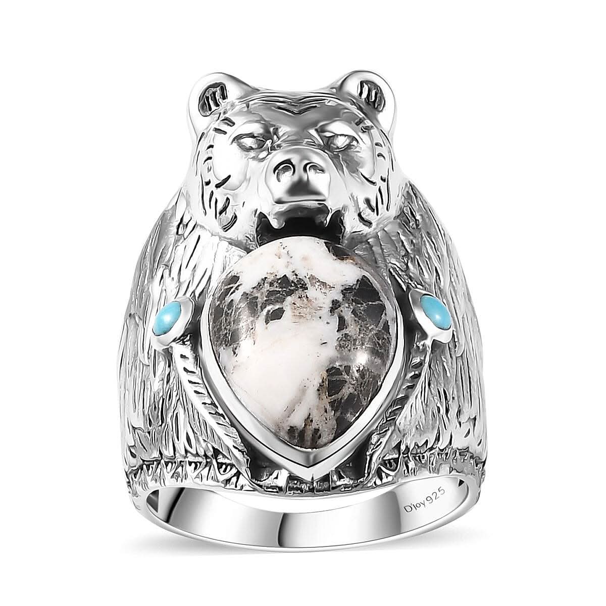 Artisan Crafted Premium White Buffalo and Sleeping Beauty Turquoise Bear Ring in Sterling Silver (Size 10.0) 8.60 ctw