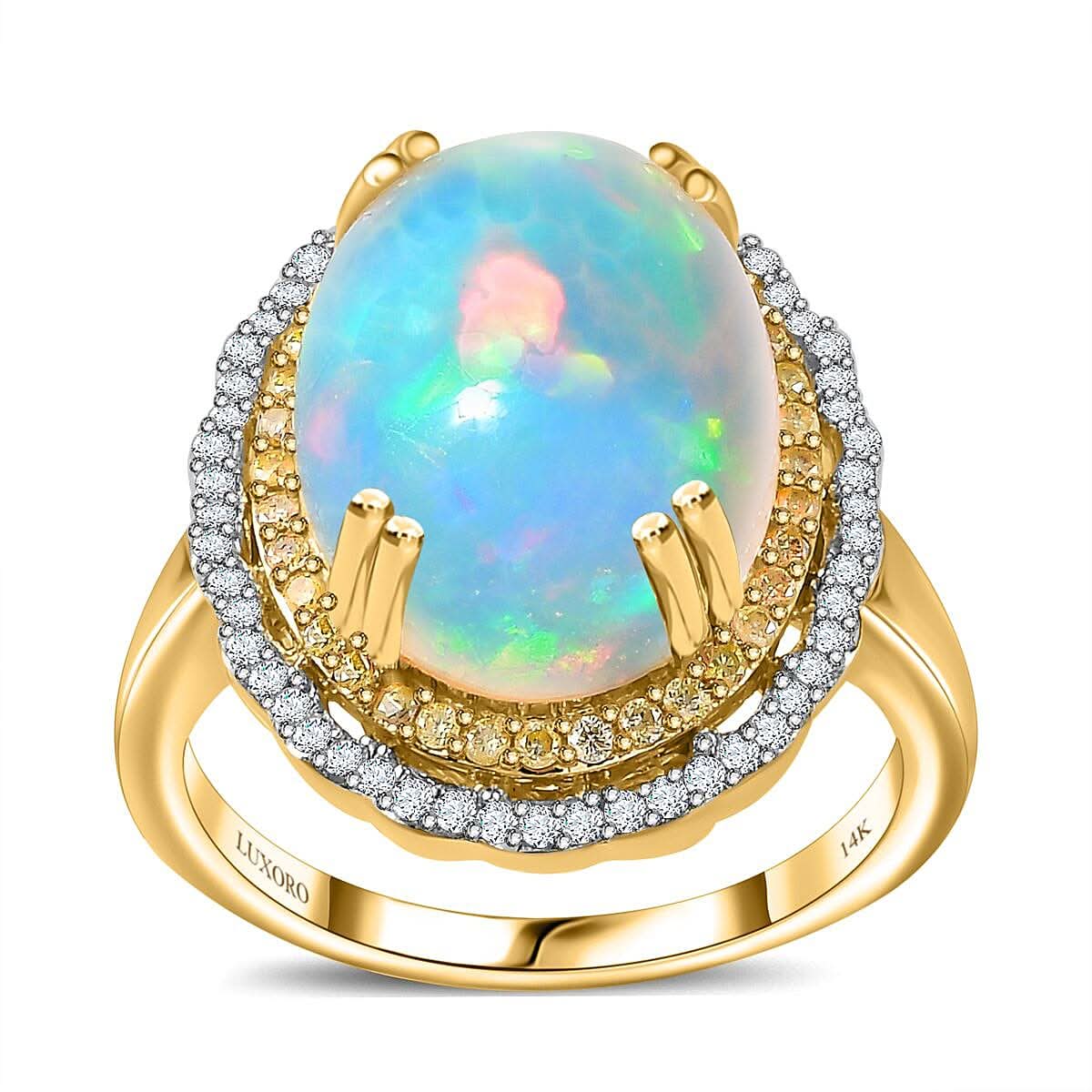Luxoro 14K Yellow Gold AAA Ethiopian Welo Opal, Natural Yellow and White Diamond I3 Ring (Size 10.0) 6.85 Grams 7.30 ctw (Del.