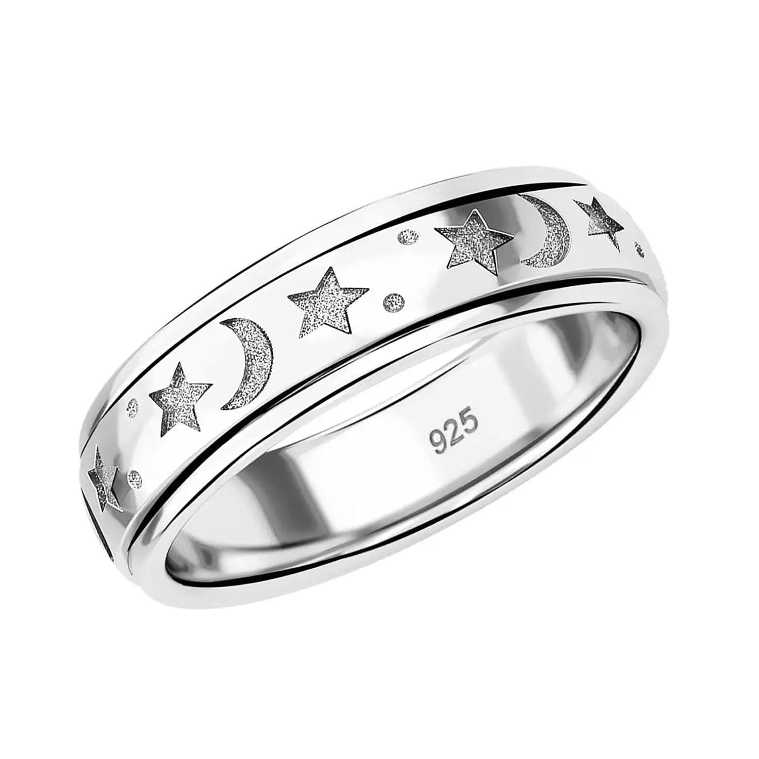 Platinum Over Sterling Silver Moon Star Spinner Ring (Size 10.0) 4.50 Grams (1)