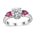 Moissanite (Rnd 7 mm), Niassa Ruby (FF) 3 Stone Ring in Platinum Over Sterling Silver (Size 10.0) 1.65 ctw - Sticky add to cart bar