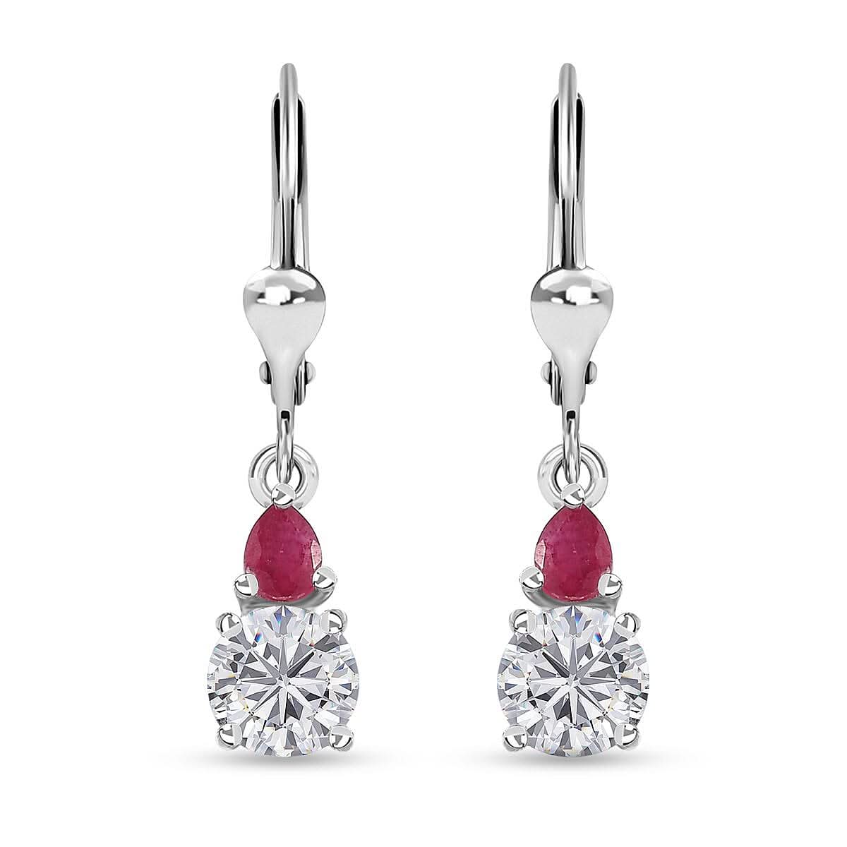 Moissanite (Rnd 6 mm), Niassa Ruby (FF) Lever Back Earrings in Platinum Over Sterling Silver 2.00 ctw