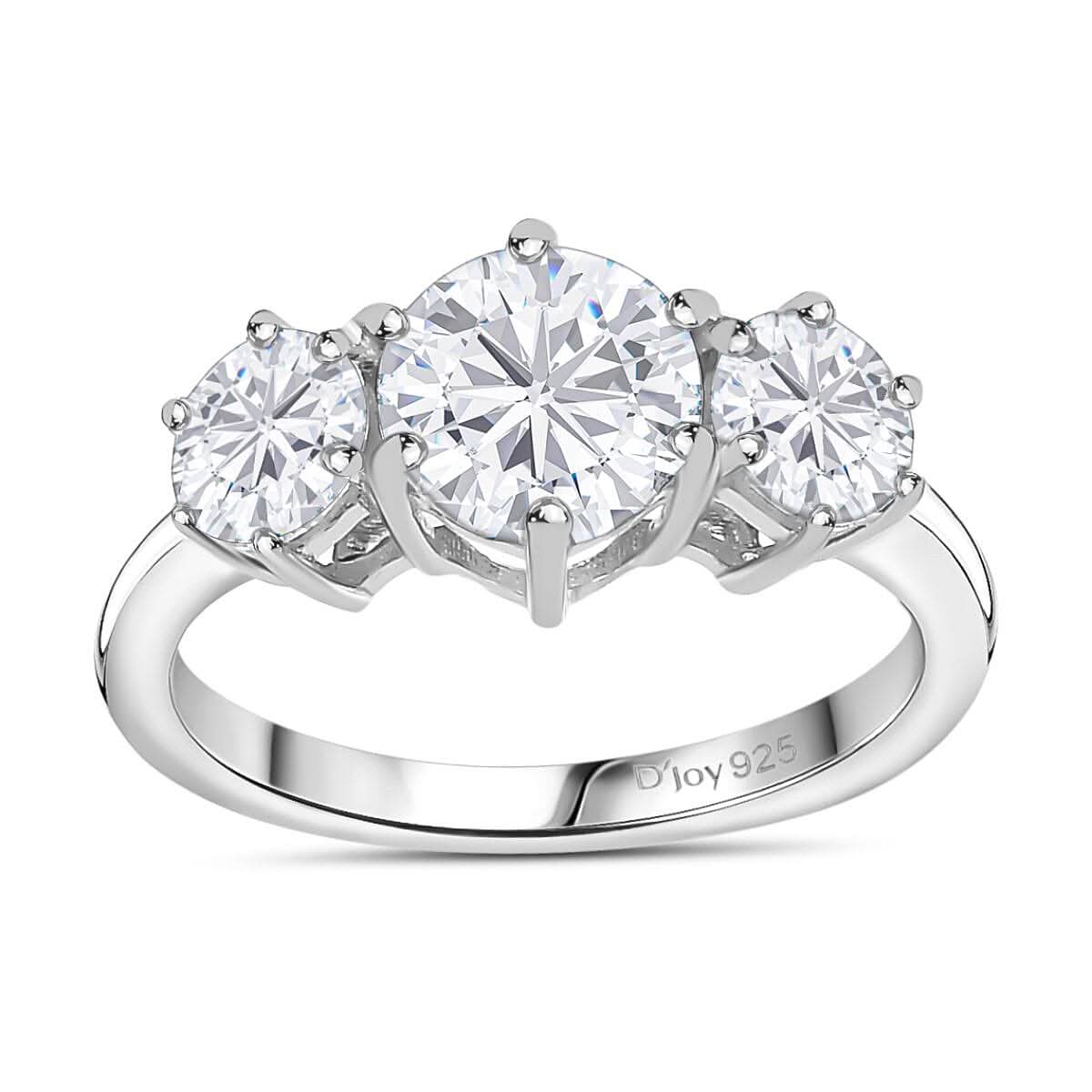 Moissanite (Rnd 7mm) 3 Stone Ring in Platinum Over Sterling Silver (Size 5.0) 2.00 ctw