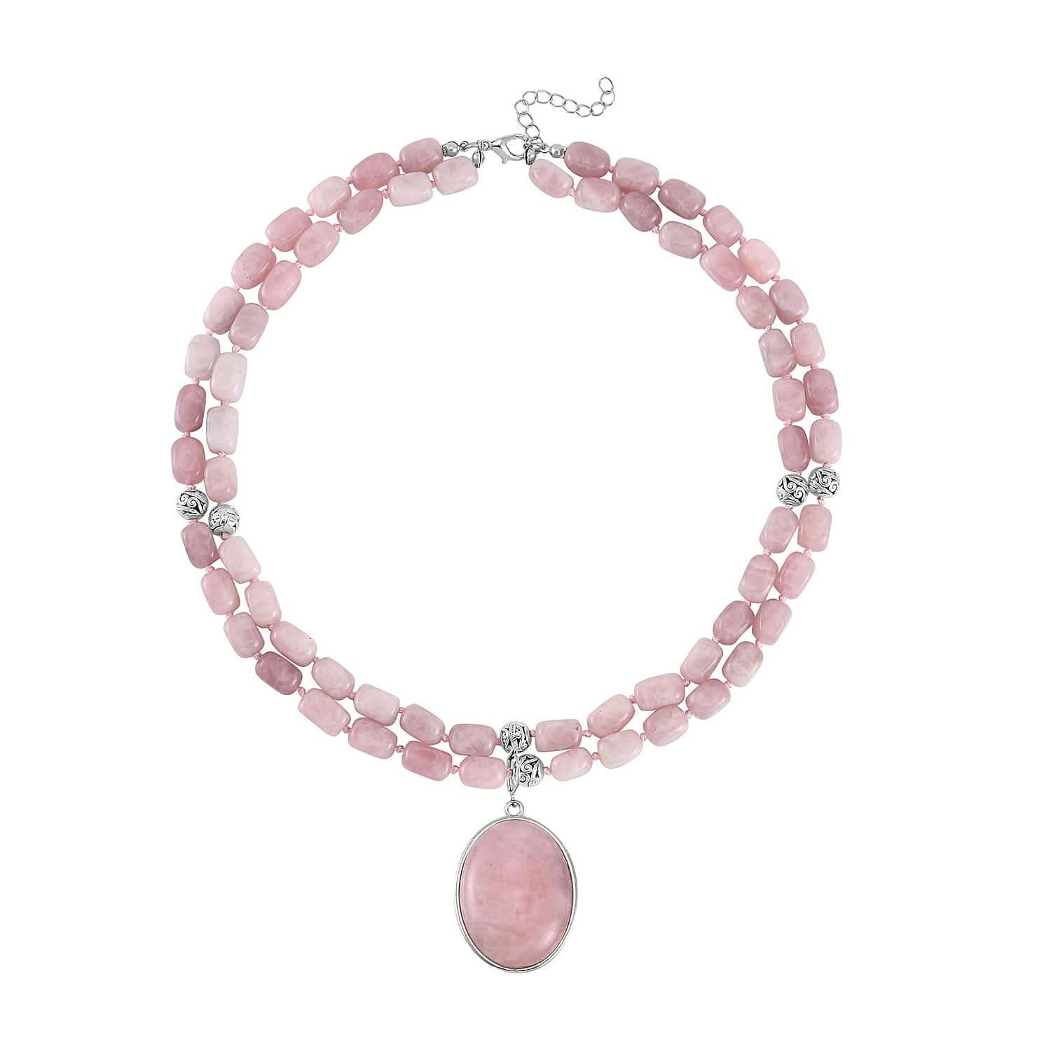 Galilea Rose Quartz Two Row Beaded Necklace 20 Inches with Matching Pendant in Silvertone 680.00 ctw