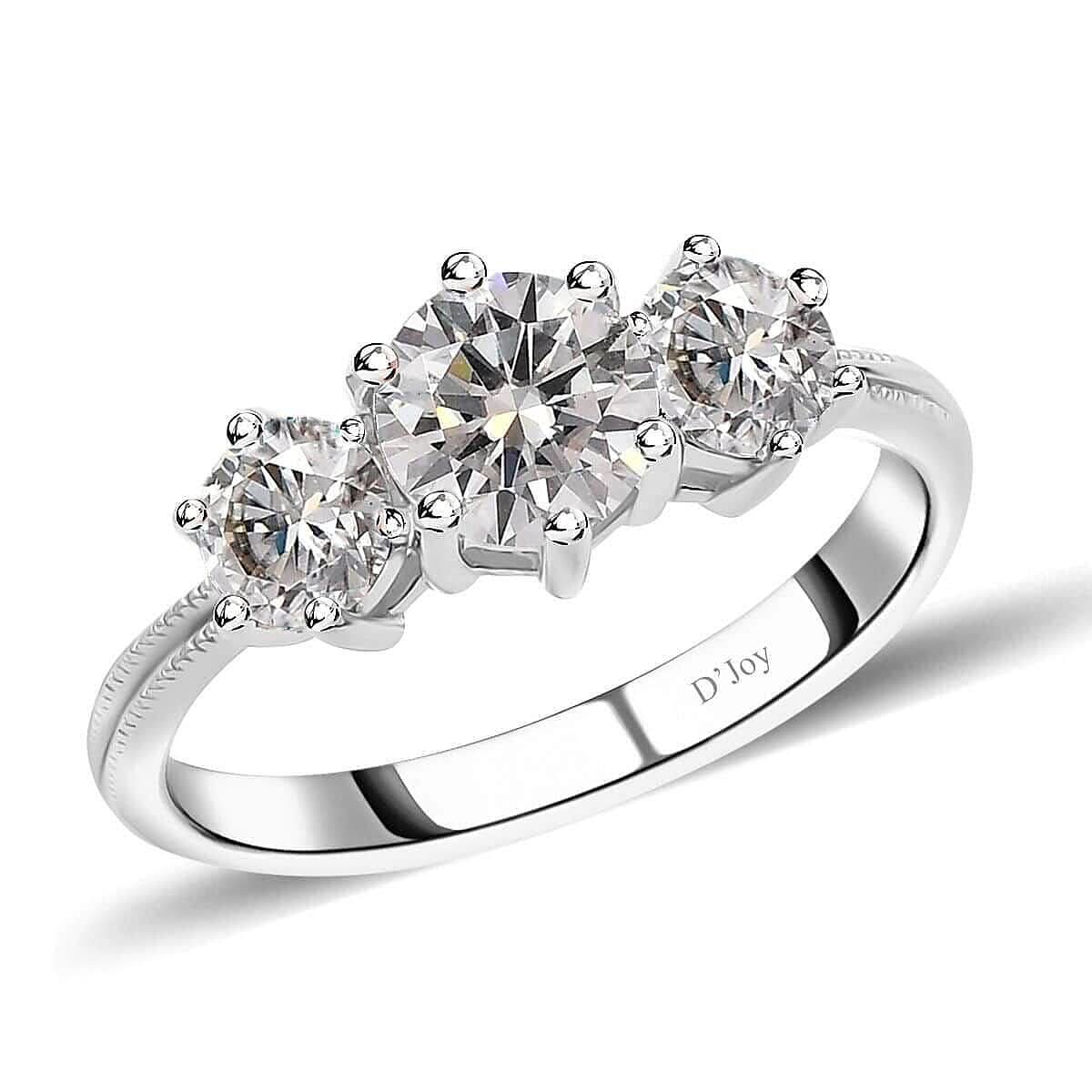 Moissanite 3 Stone Ring in Platinum Over Sterling Silver (Size 10) 1.75 ctw