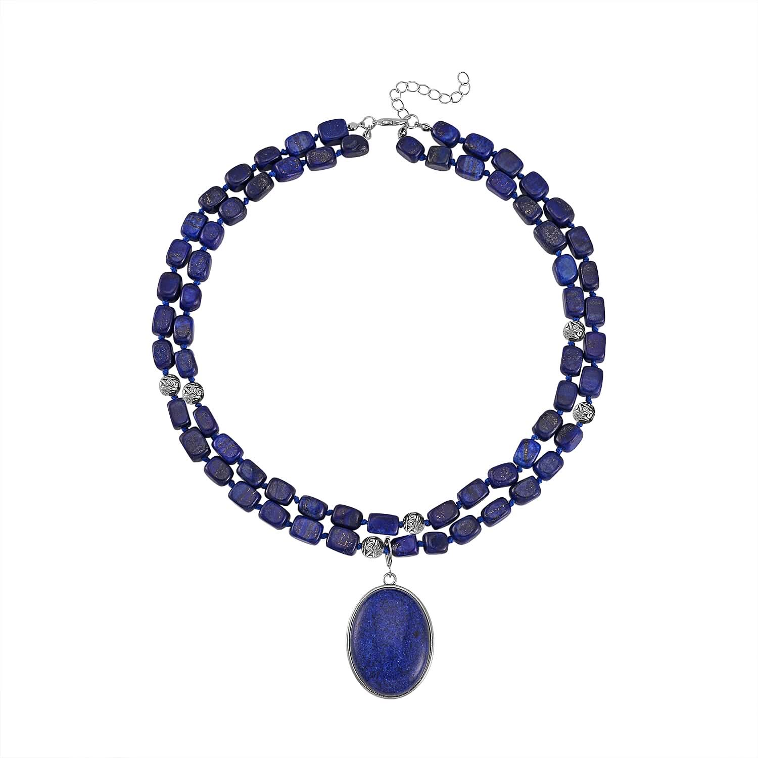 Lapis Lazuli Two Row Beaded Necklace 20 Inches with Matching Pendant in Silvertone 765.00 ctw