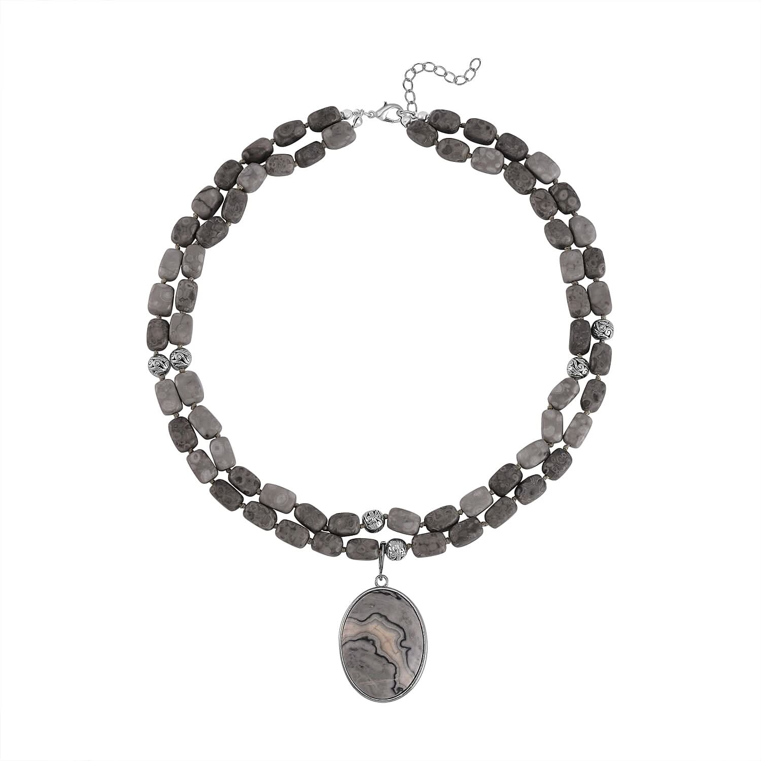 Map Jasper Two Row Beaded Necklace 20-22 Inches with Matching Pendant in Silvertone 687.00 ctw