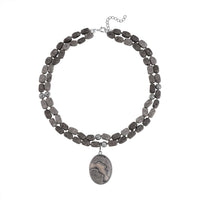 Map Jasper Two Row Beaded Necklace 20-22 Inches with Matching Pendant in Silvertone 687.00 ctw