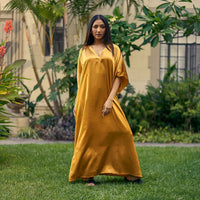 Winlar Gold Satin Maxi Kaftan with Waist Tie - One Size Fits Most