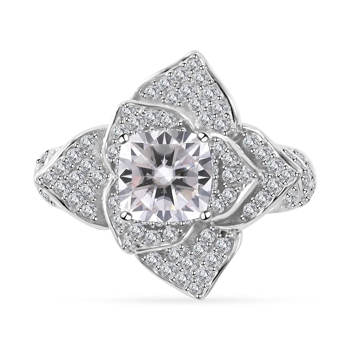 Moissanite Floral Ring in Platinum Over Sterling Silver (Size 6.0) 2.35 ctw