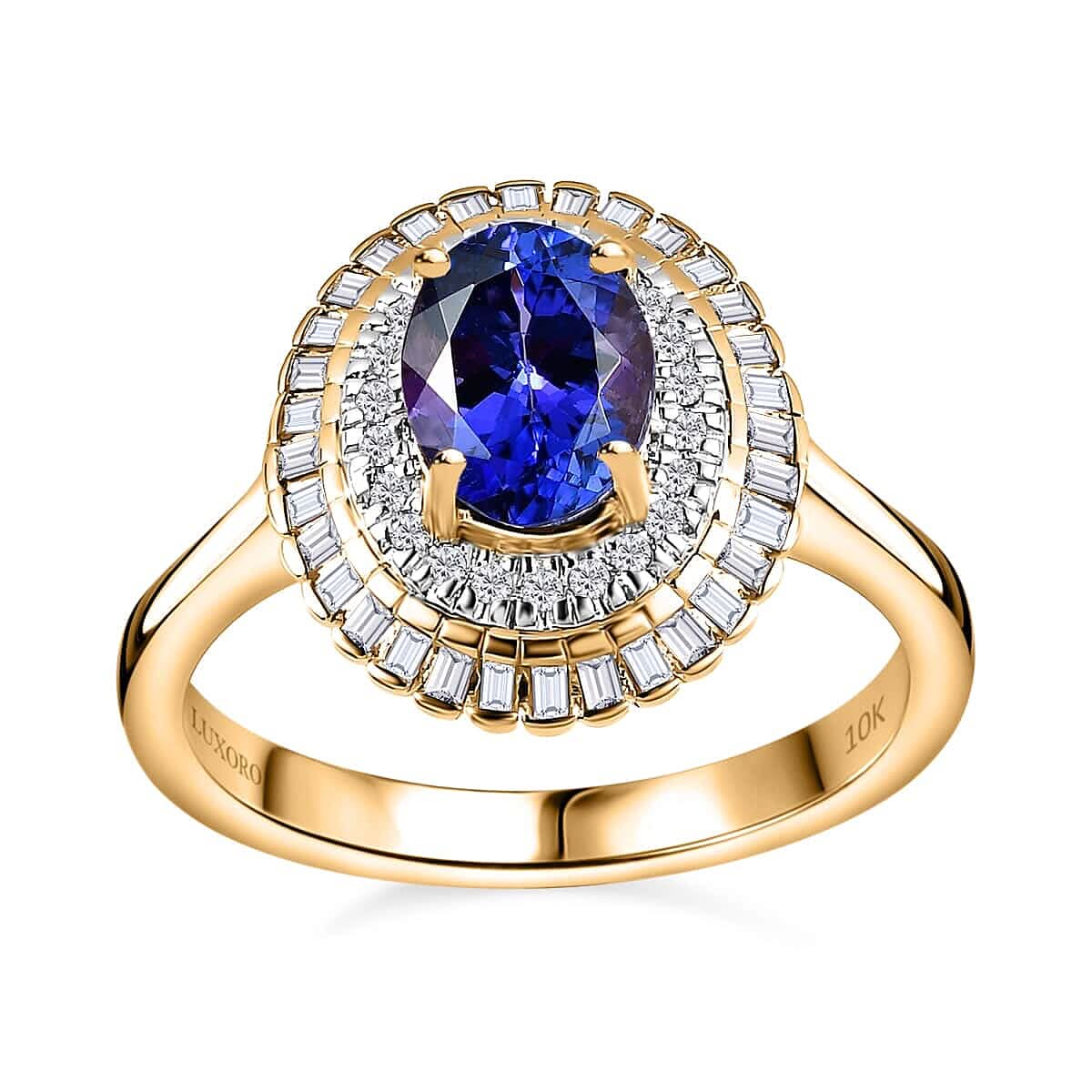 Luxoro 10K Yellow Gold AAA Tanzanite and G-H I2 Diamond Double Halo Ring 1.65 ctw