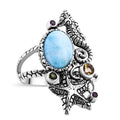 Bali Legacy Larimar and Multi Gemstone Seahorse and Fish Ring in Sterling Silver 6.90 ctw - Sticky add to cart bar