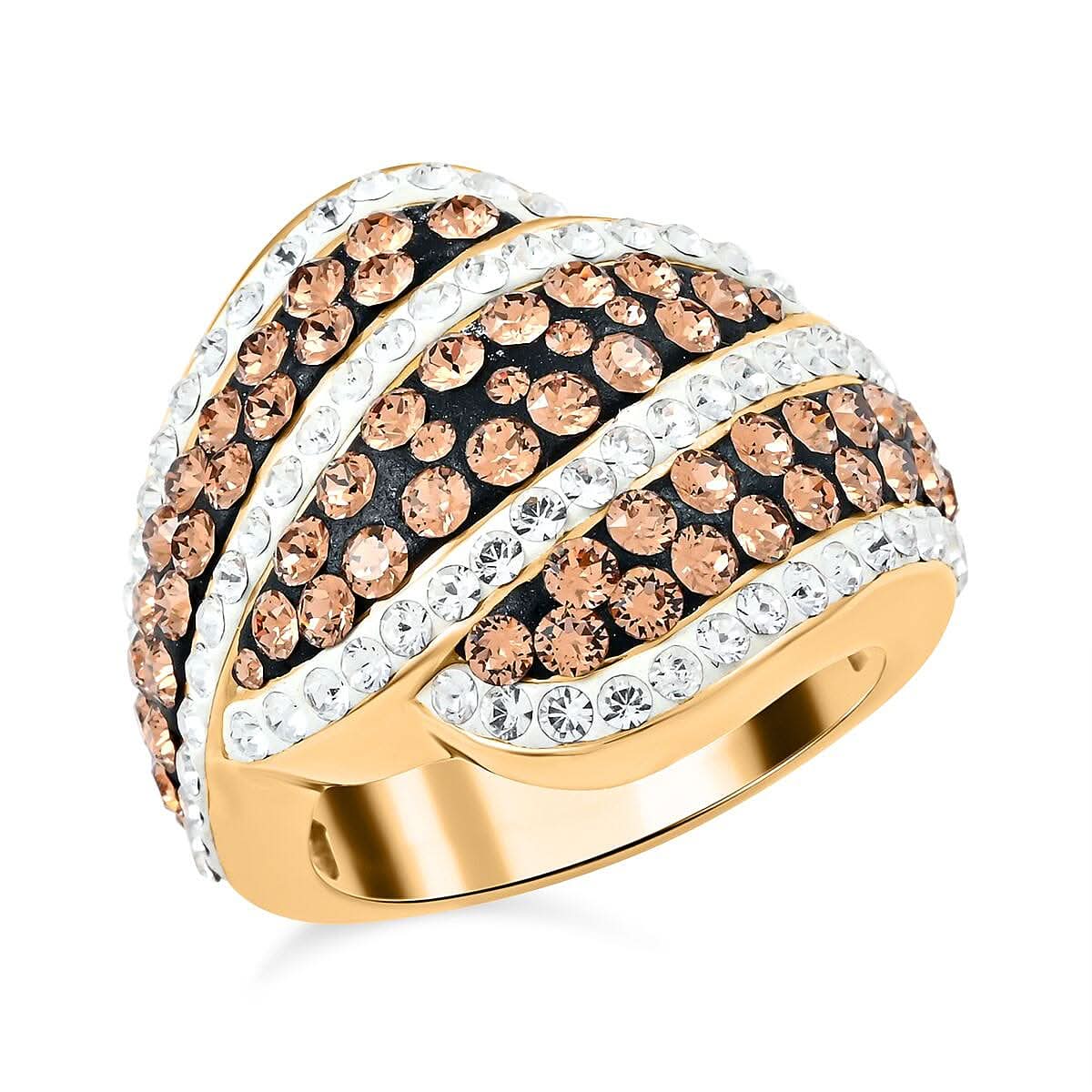 White and Champagne Austrian Crystal Ring in 18K Gold Over (Size 7.0)